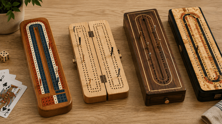 Comparison of classic wooden, travel, and deluxe cribbage boards side by side
