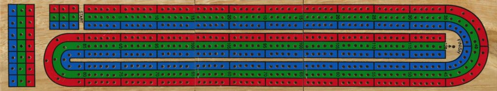Cribbage board showing two parallel tracks with 121 holes per player