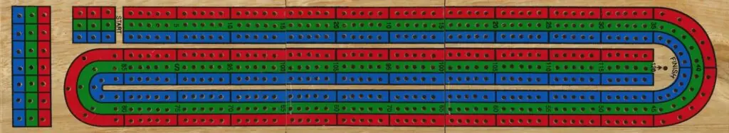 Cribbage board showing two parallel tracks with 121 holes per player