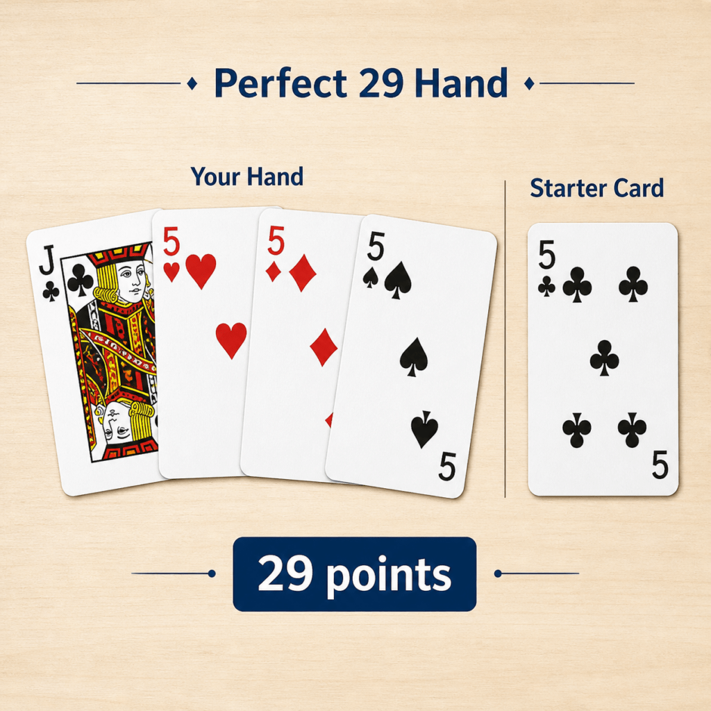 Perfect 29-point cribbage hand diagram showing four 5s and a Jack