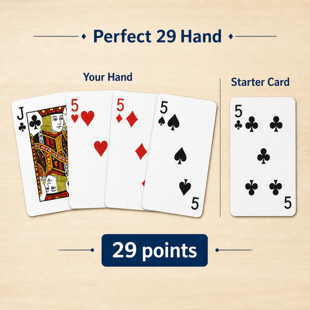 Perfect 29-point cribbage hand diagram showing four 5s and a Jack