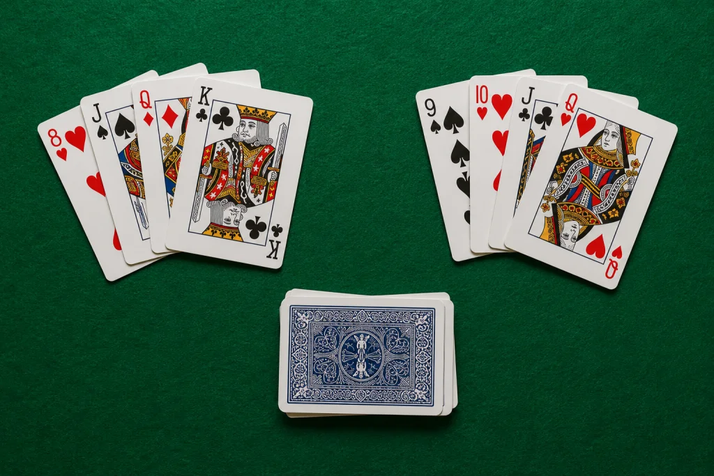 The crib shown as a separate, face-down pile of four cards apart from each player's hand