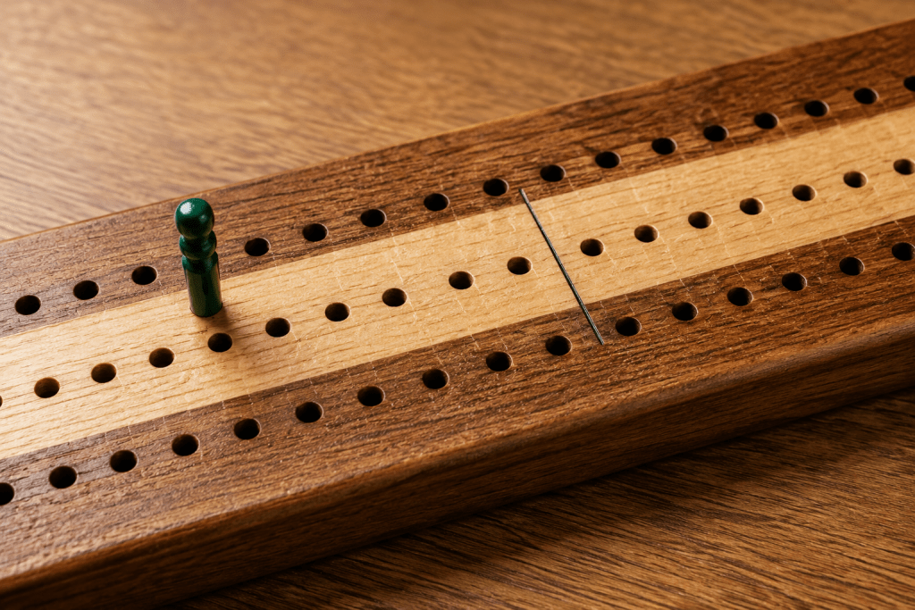 A cribbage peg sitting short of the skunk line marker on the board