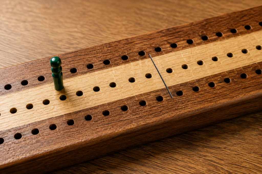 A cribbage peg sitting short of the skunk line marker on the board