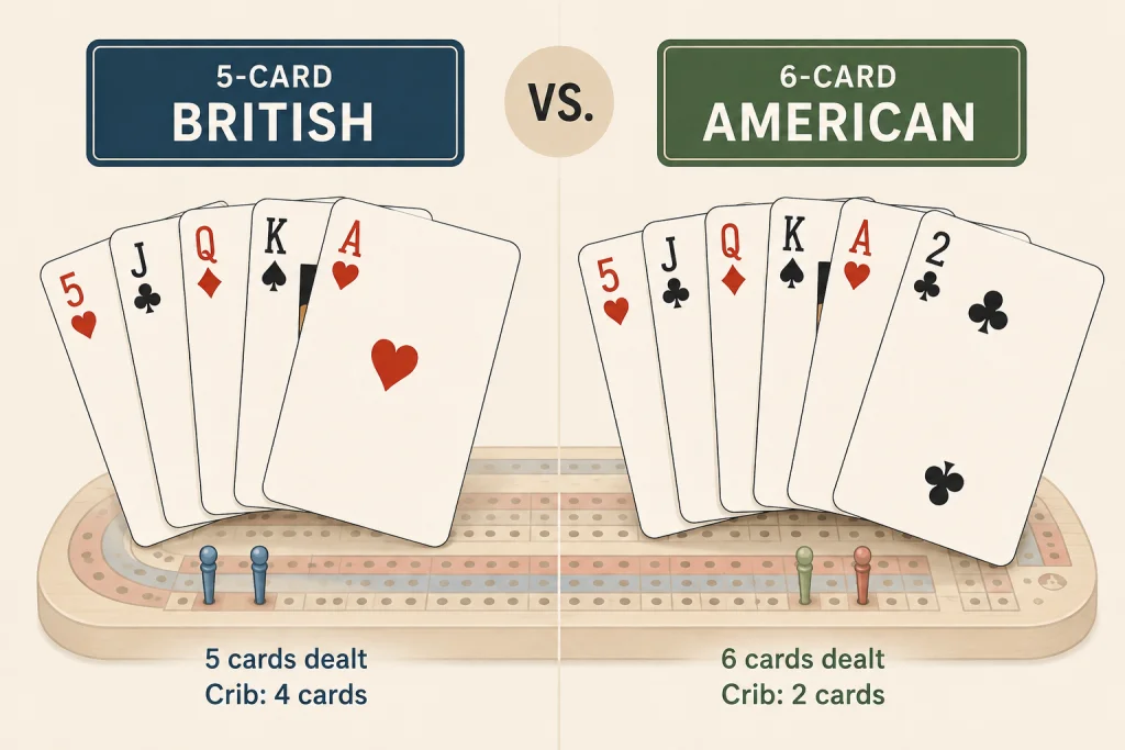 Comparison graphic showing a 5-card cribbage hand next to a 6-card cribbage hand